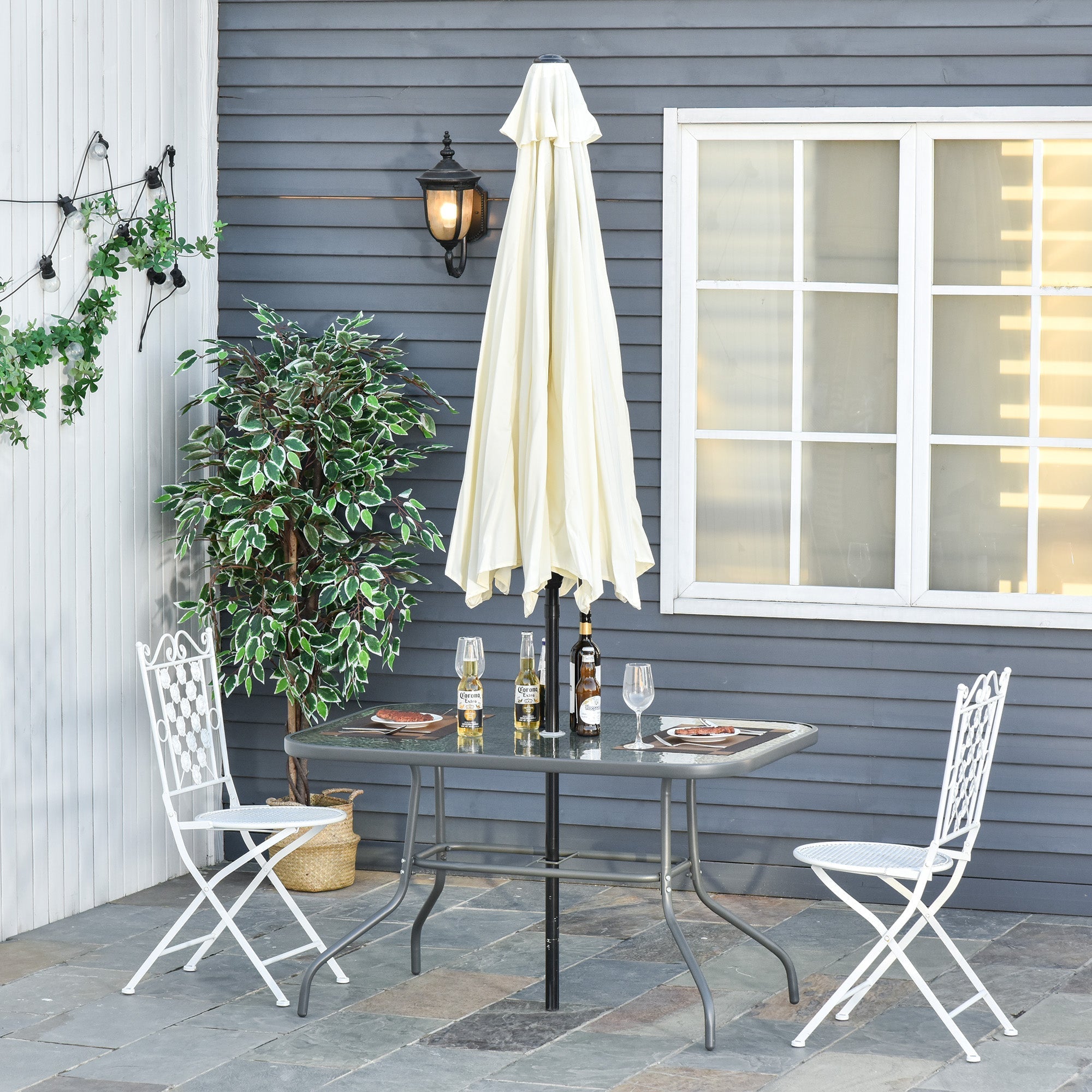 Garden Table with Umbrella Hole, Outdoor Furniture in Metal and Glass 120x80x70cm Grey - Borge' Group Limited