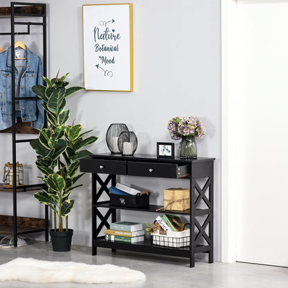 table console with 2 drawers and 2 shelves, entrance hall and living room in mdf, 100x30.5x80cm, black - Borgè