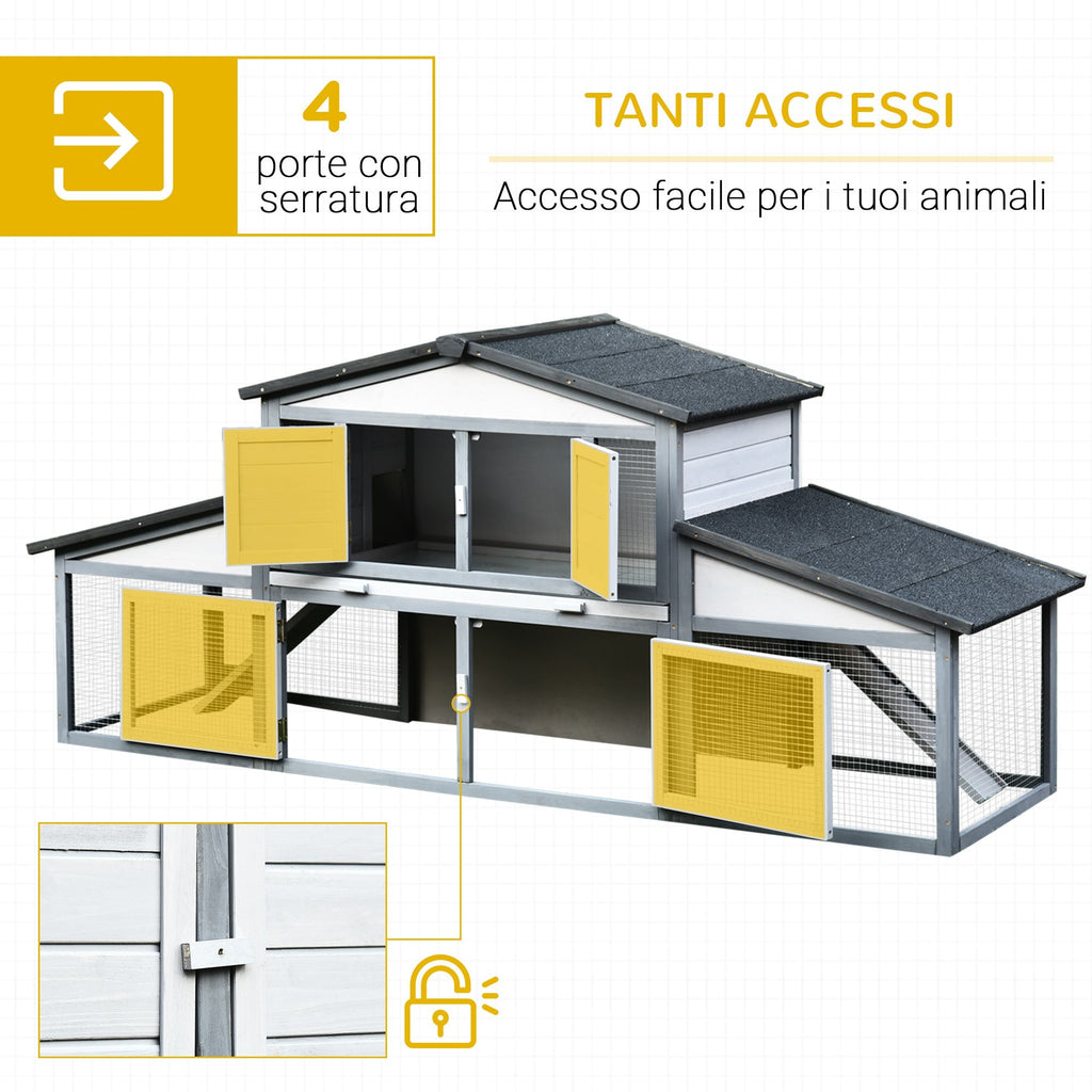Outdoor Rabbit Hutch in Wood and Metal, Cage for 2-3 Rabbits or Rodents, Grey and White 225x70x100cm - Borge' Group Limited