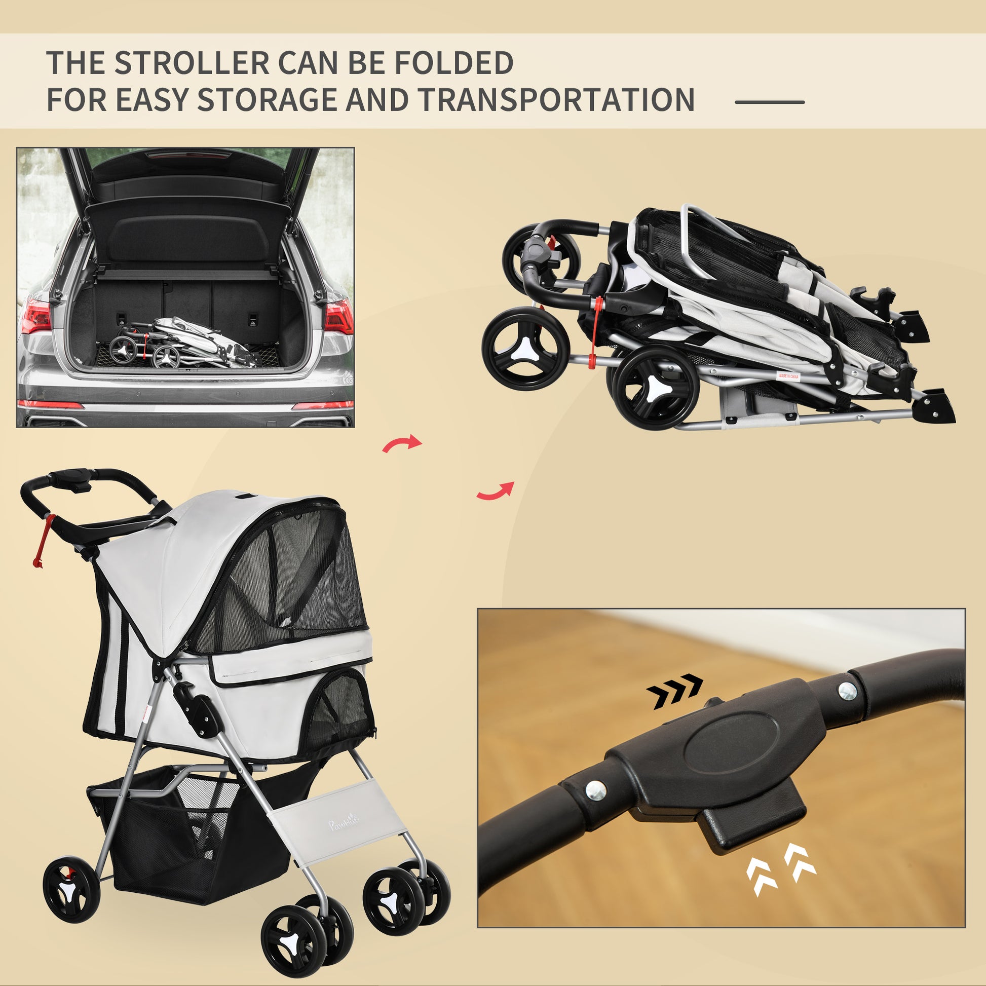 PAWHUT Folding dog stroller with 3 goals and zipper, iron and oxford fabric, 75x46x94 cm, gray - Borgè