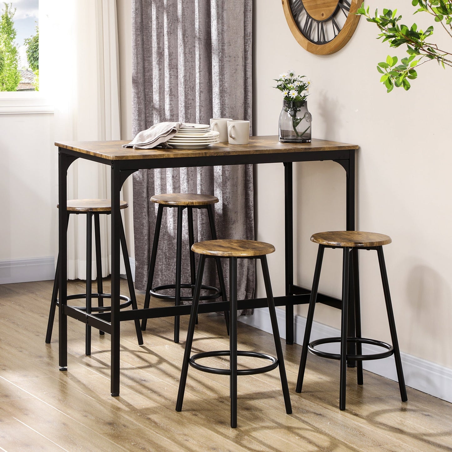 sets from bar 5 pieces with high table and 4 industrial style stools, brown and black - Borgè