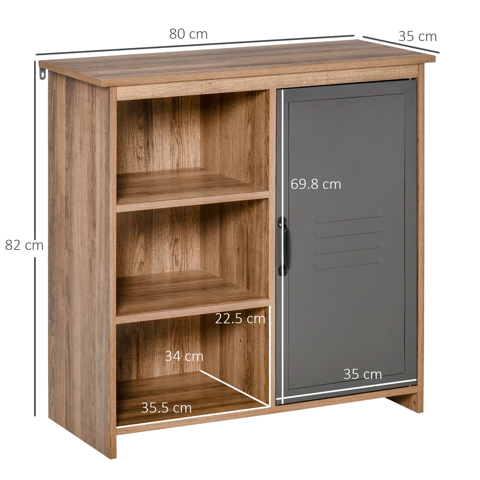 Multiuse cabinet with shelves and wooden locker with metal door, living room and kitchen cabinet, 80x35x82cm, Grey brown - Borgè