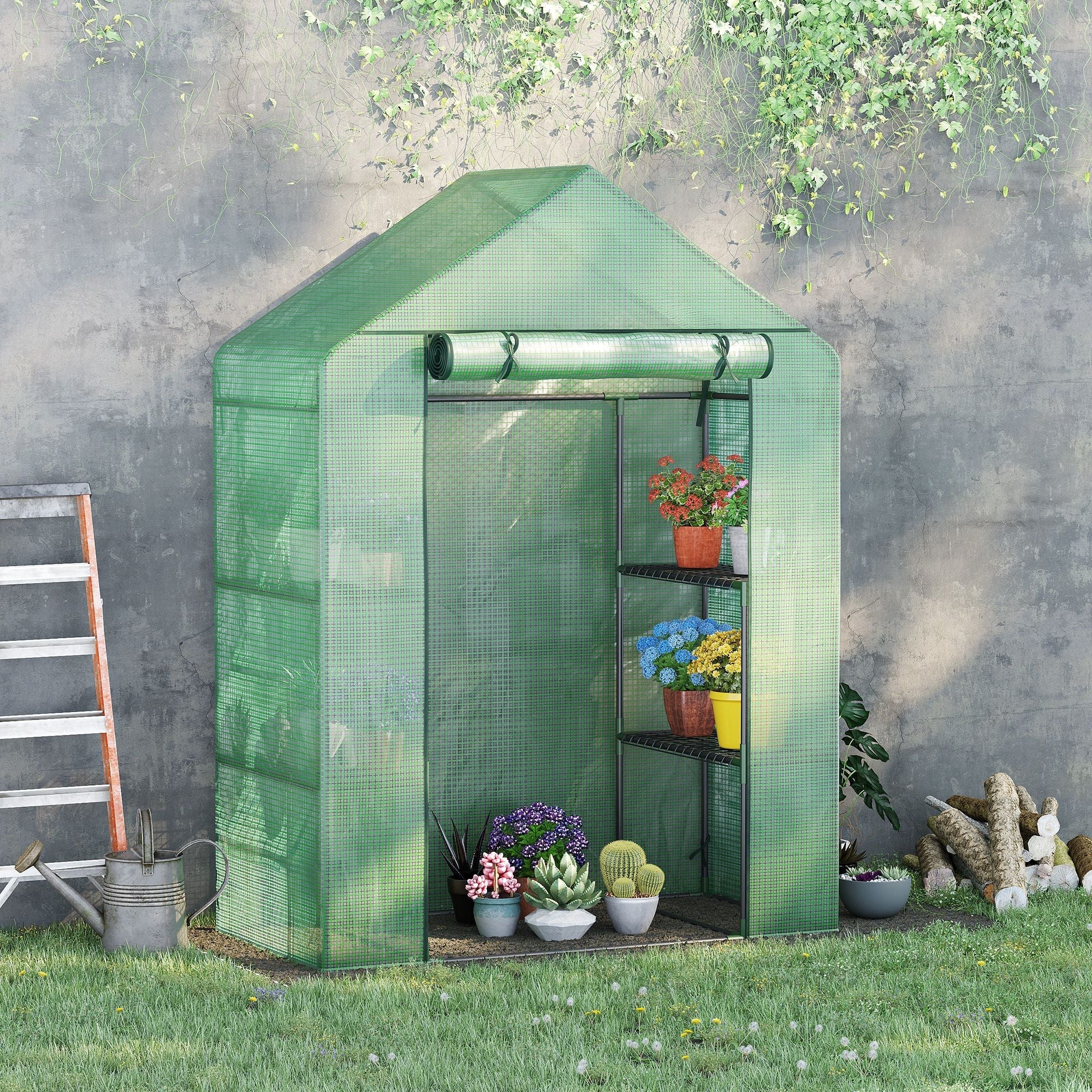 Outsunny Garden greenhouse in steel and plastic PE with 4 shelves, ropes and pickets, 141x72x191 cm, green - Borgè