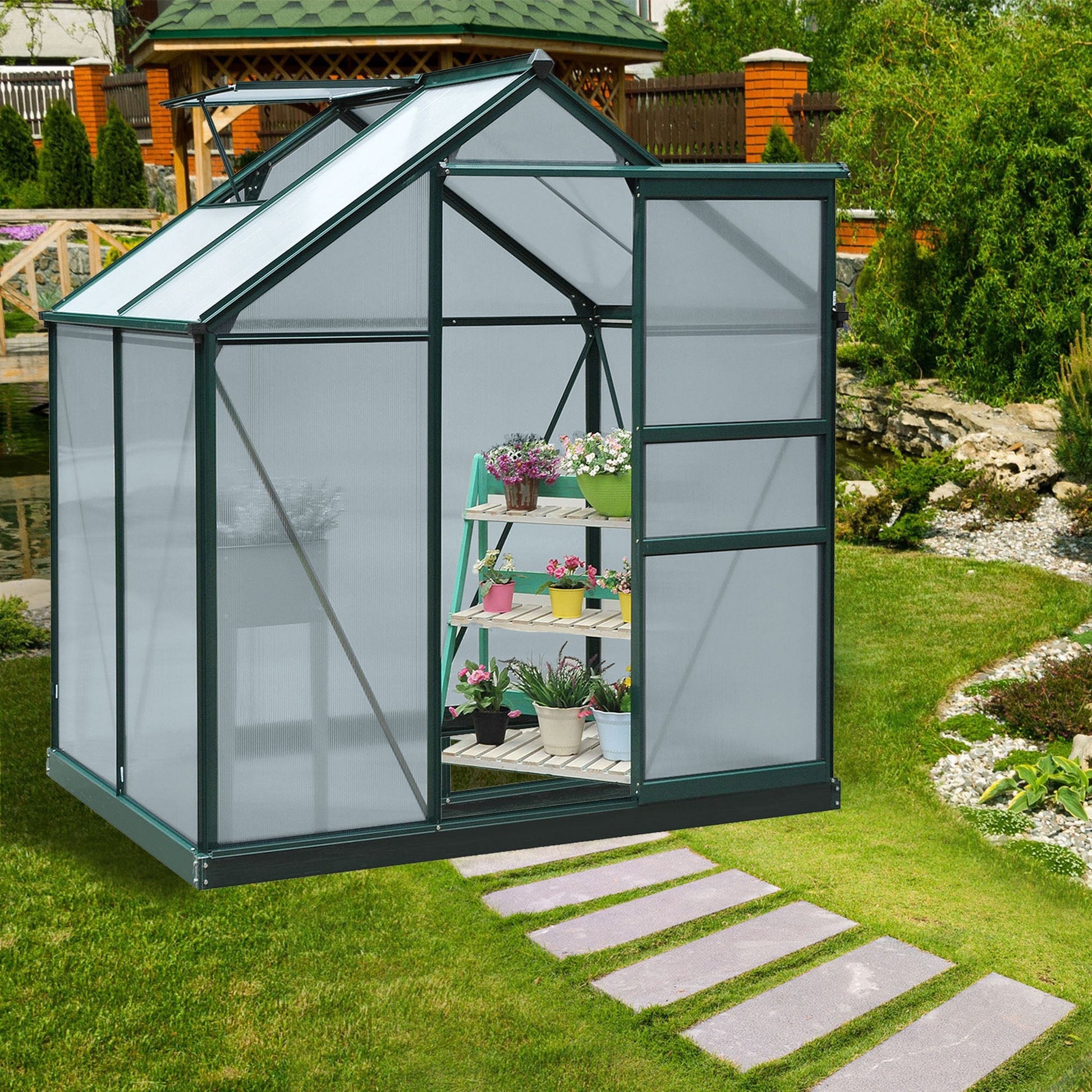 Outsunny Anti-UV Polycarbonate Garden Greenhouse with Window and Sliding Door, 190x132x201cm - Borgè