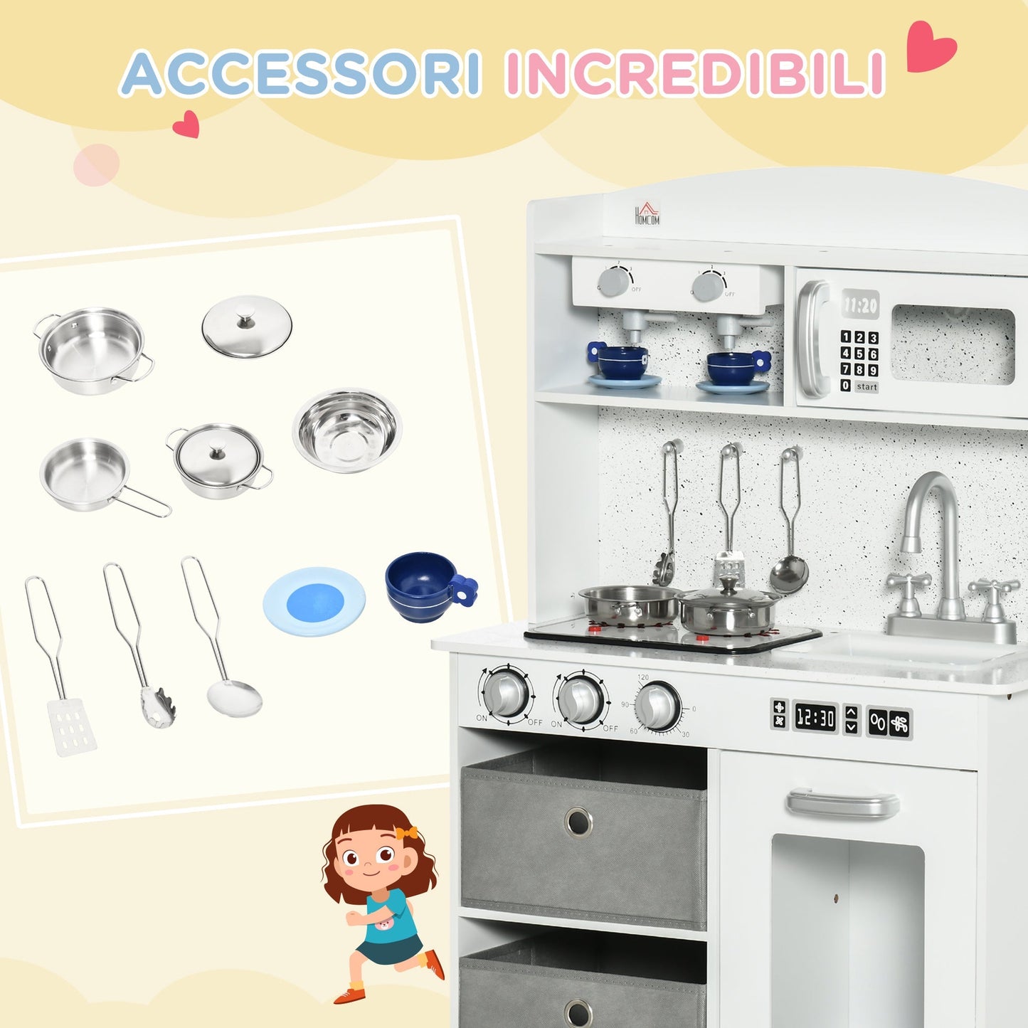 Kitchen for children 3-6 years with realistic lights and accessories, in MDF and PP, 60.1x31.7x92.9 cm, white