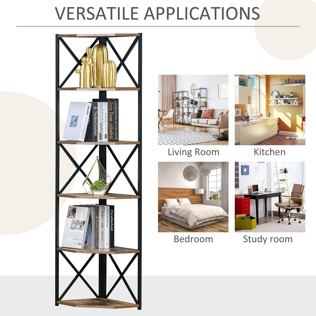 Wall Corner Bookcase, Industrial Style Shelf in Wood and Metal with 5 Shelves, 39x39x175cm, Rustic Brown - Borgè