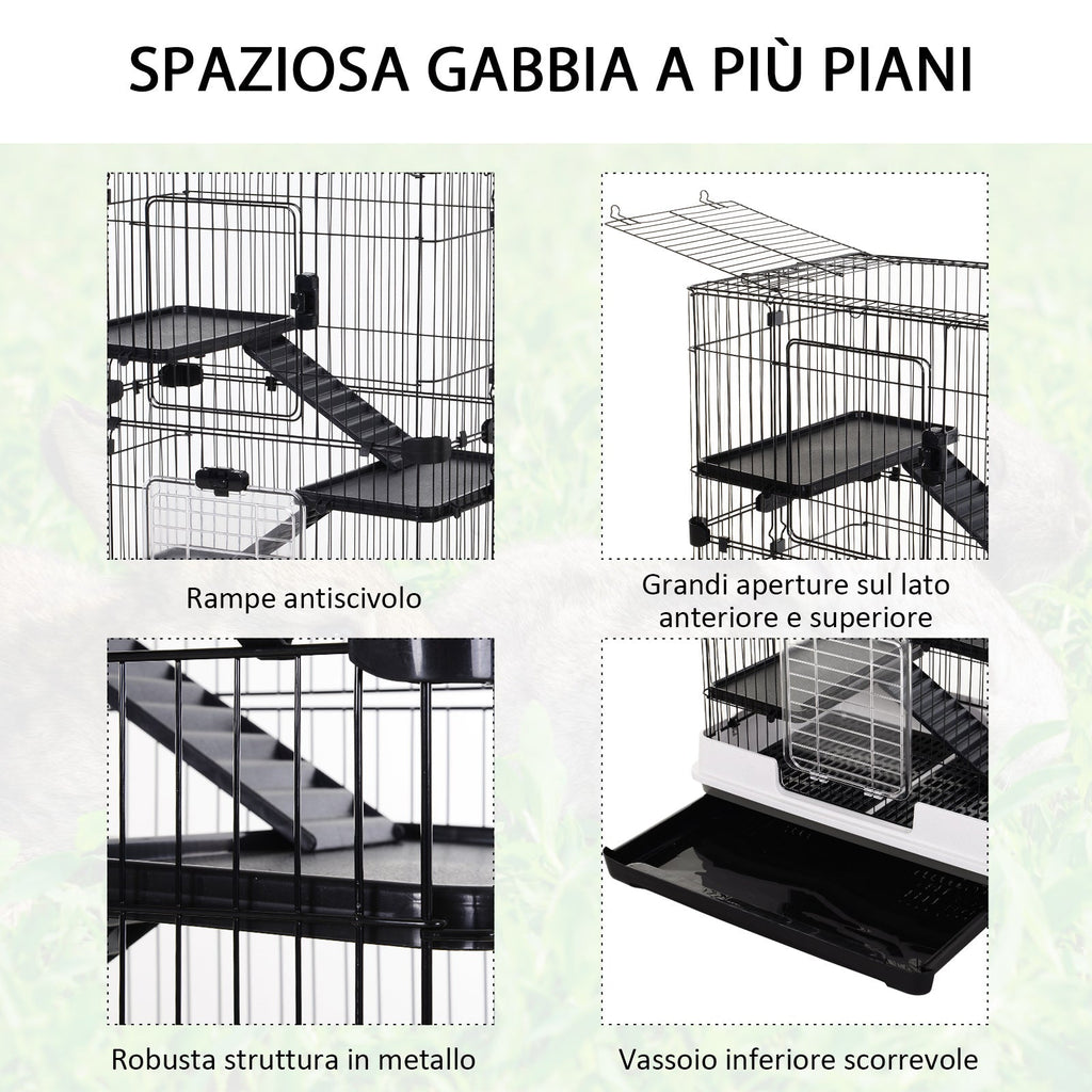 3-Tier Metal Cage with Tray for Rodents, Rabbits and Ferrets with 4 Wheels, 81.2 x 52.7 x 114 cm, Black - Borge' Group Limited