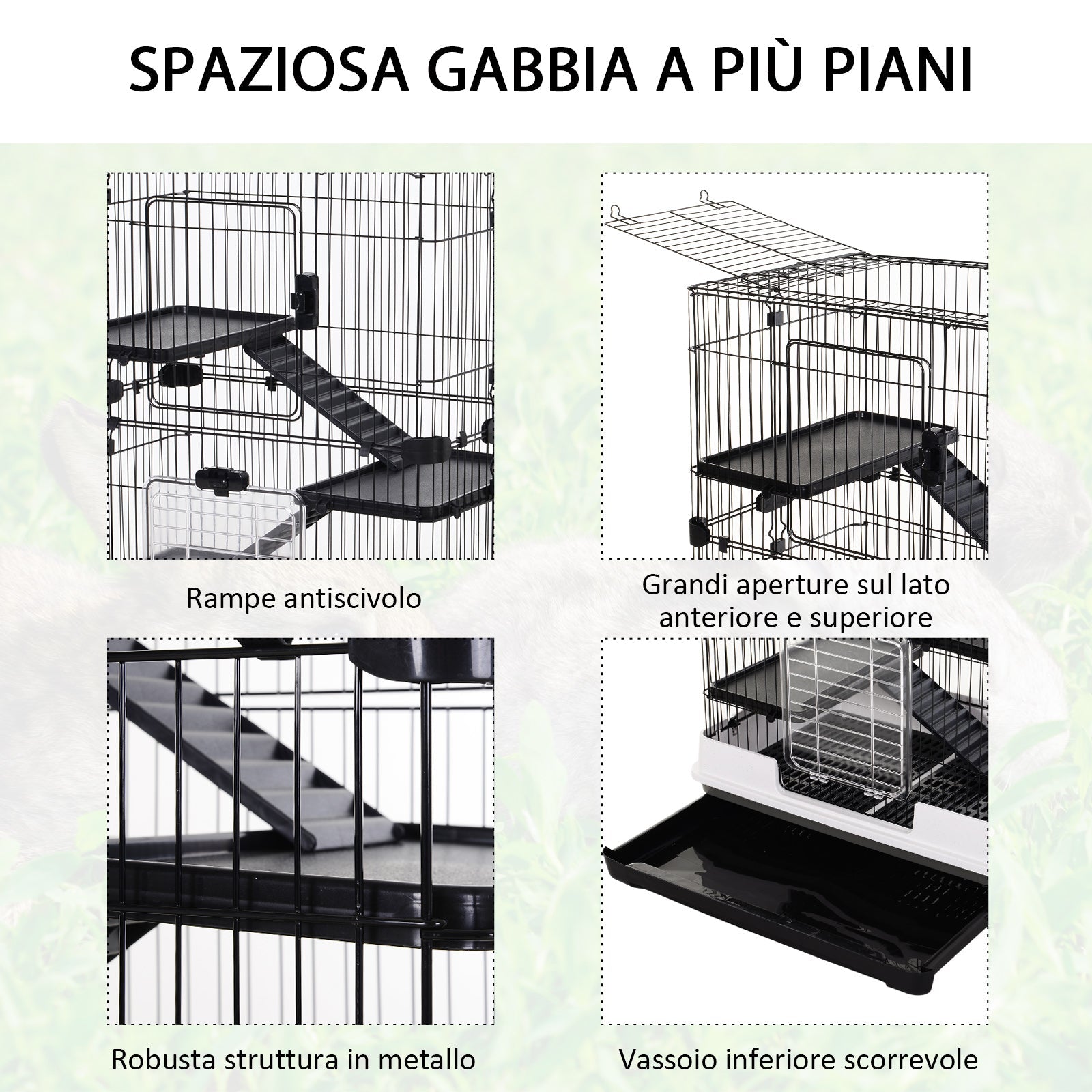 3-Tier Metal Cage with Tray for Rodents, Rabbits and Ferrets with 4 Wheels, 81.2 x 52.7 x 114 cm, Black - Borge' Group Limited