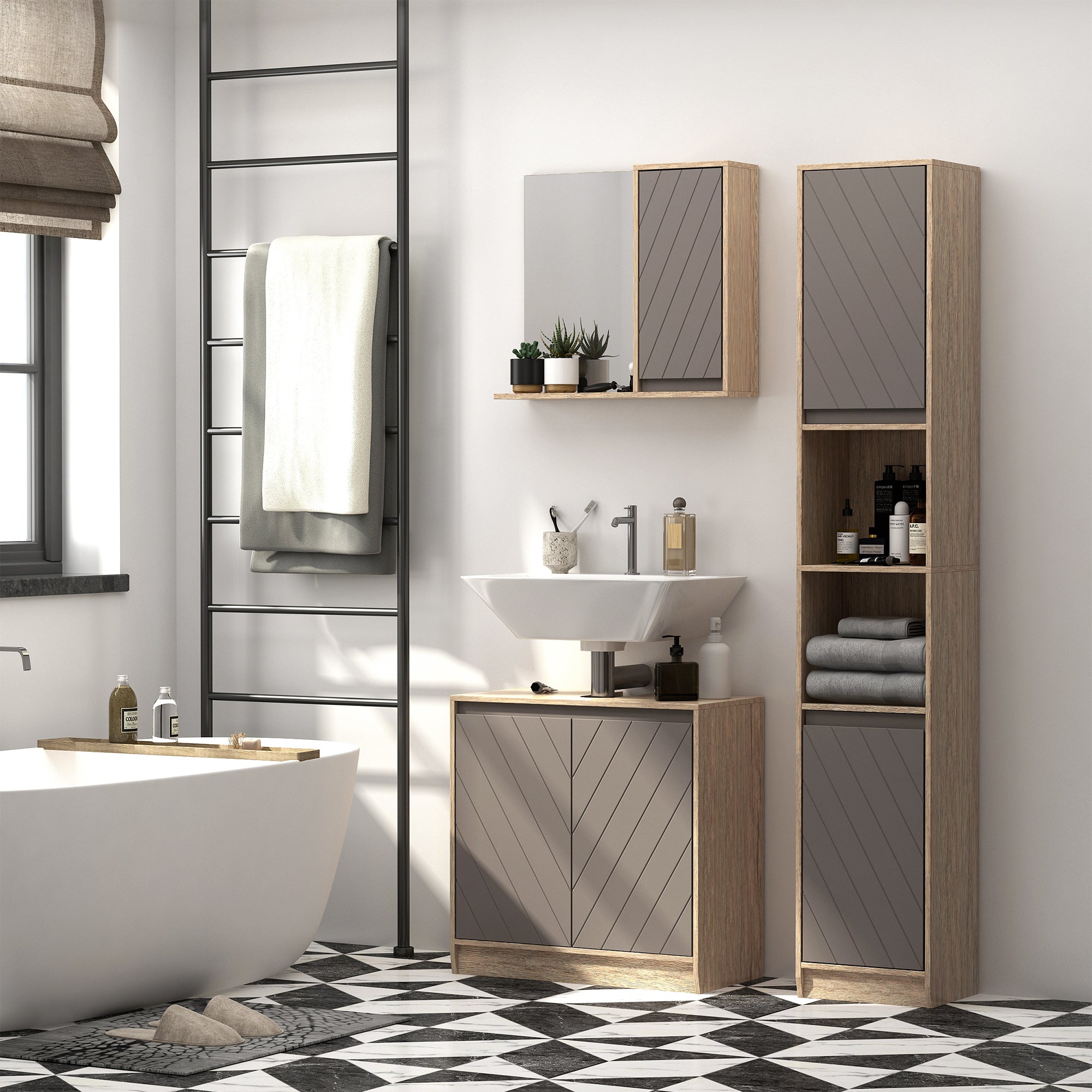 Bathroom Wall Cardboard with Grey mirror and oak door - Borgè
