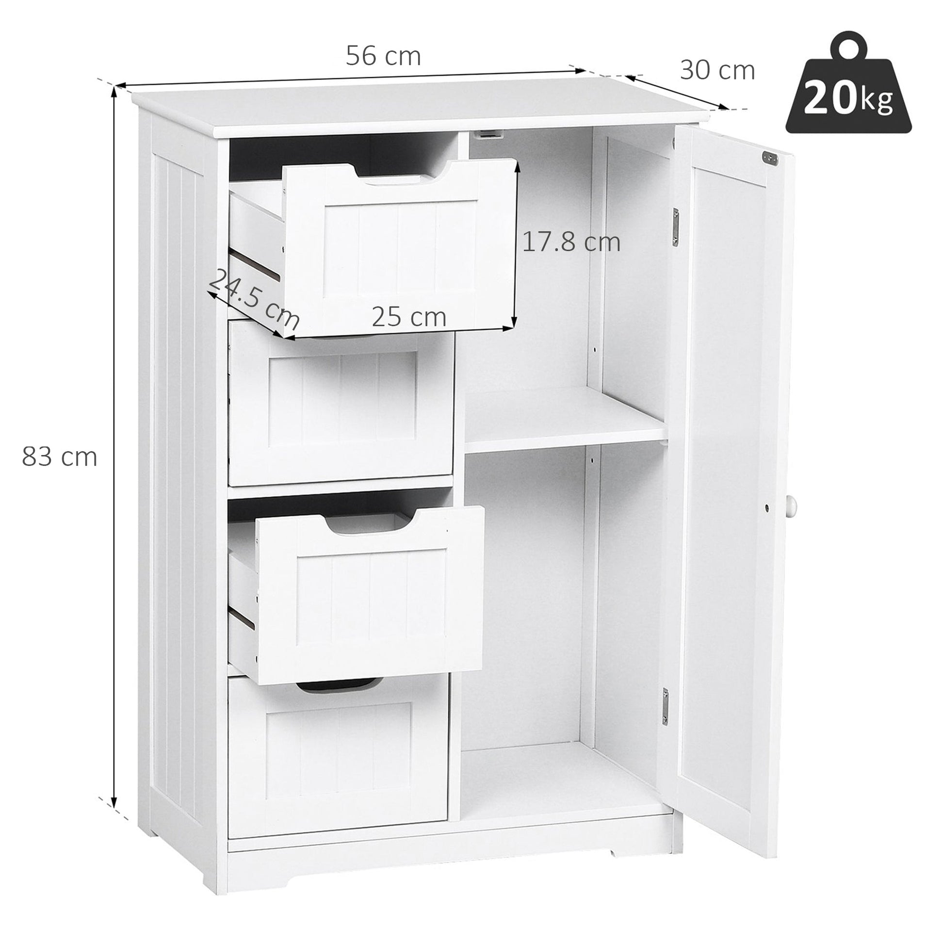 Kleankin Bathroom cabinet with door and white drawers 56 x 30 x 83cm - Borgè