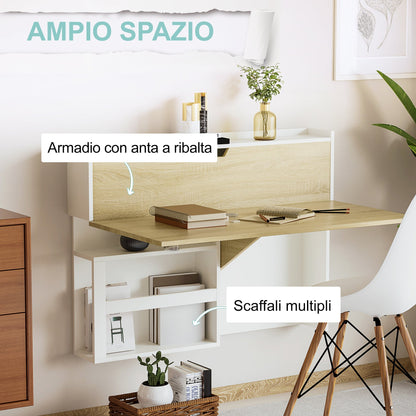 Folding Wall Desk and Salvaspazio with shelves, for home and office, in chipboard, 100x18x74 cm - Borgè