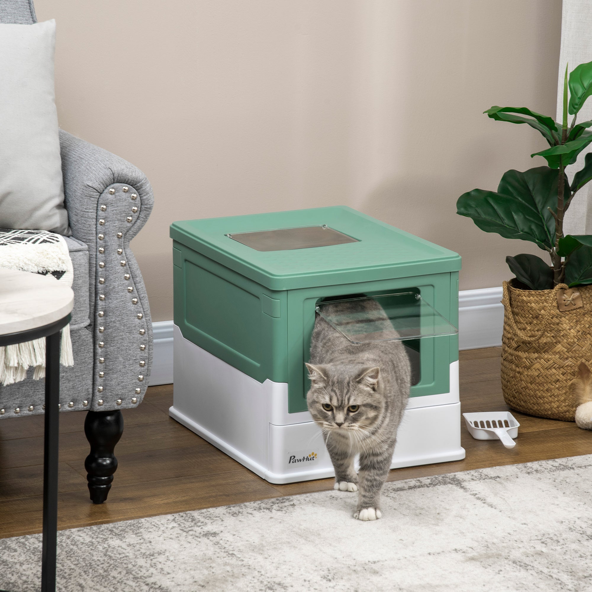 Enclosed Cat Litter Box with Scoop, Removable Tray and 2 Doors, 47.5x35. 5x36.7cm, Green - Borge' Group Limited