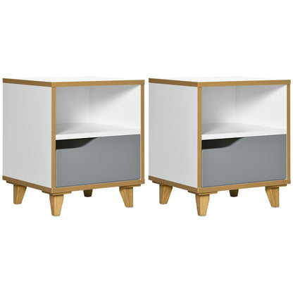 Set of 2 modern bedside tables with drawer and shelf in MDF, 36.8x33x43.8cm, white and Grey