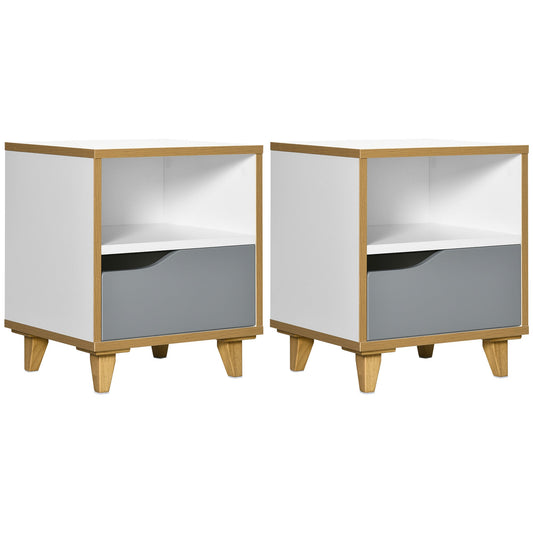 Set of 2 modern bedside tables with drawer and shelf in MDF, 36.8x33x43.8cm, white and Grey