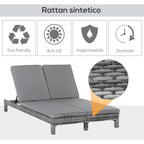 Double Seater Sun Lounger, Steel and Rattan Deckchair, Adjustable Backrest, 196 x 120 x 28cm Grey - Borge' Group Limited