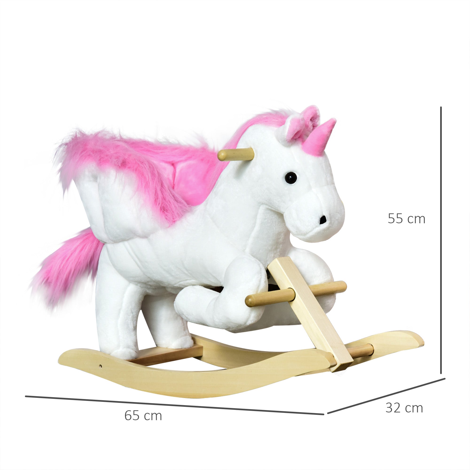 Unicorn Rocking Horse with Music, Metal and Wood Frame, Plush Cover, 65x32x55cm, White Pink - Borgè