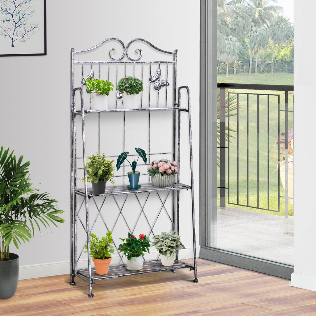 3 Tier Folding Garden Balcony Planter Shelf, Metal, Silver, 44x25x96 cm - Borge' Group Limited