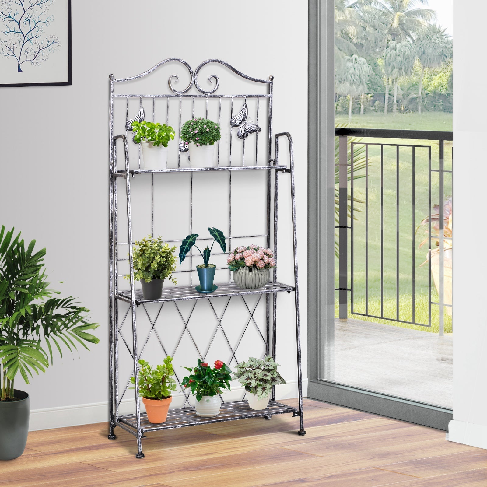 3 Tier Folding Garden Balcony Planter Shelf, Metal, Silver, 44x25x96 cm - Borge' Group Limited