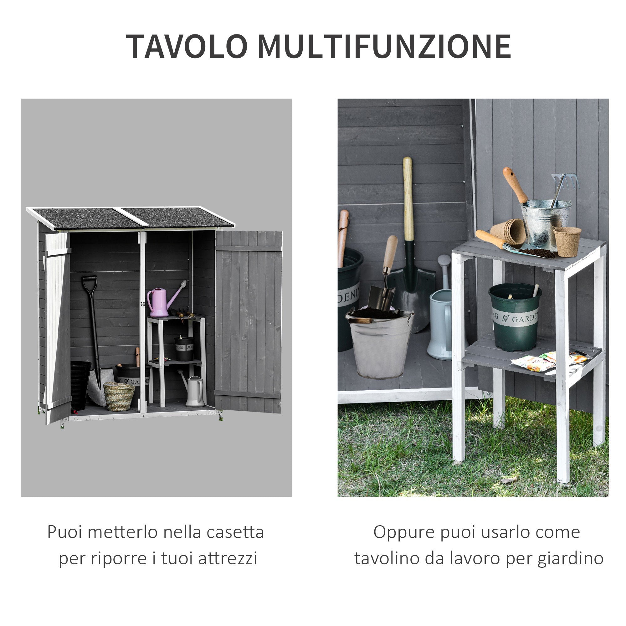 Wooden Garden Shed with 2 Doors, Outdoor Garden Tool Cabinet with a Stool, 139x75x147/160cm - Borge' Group Limited