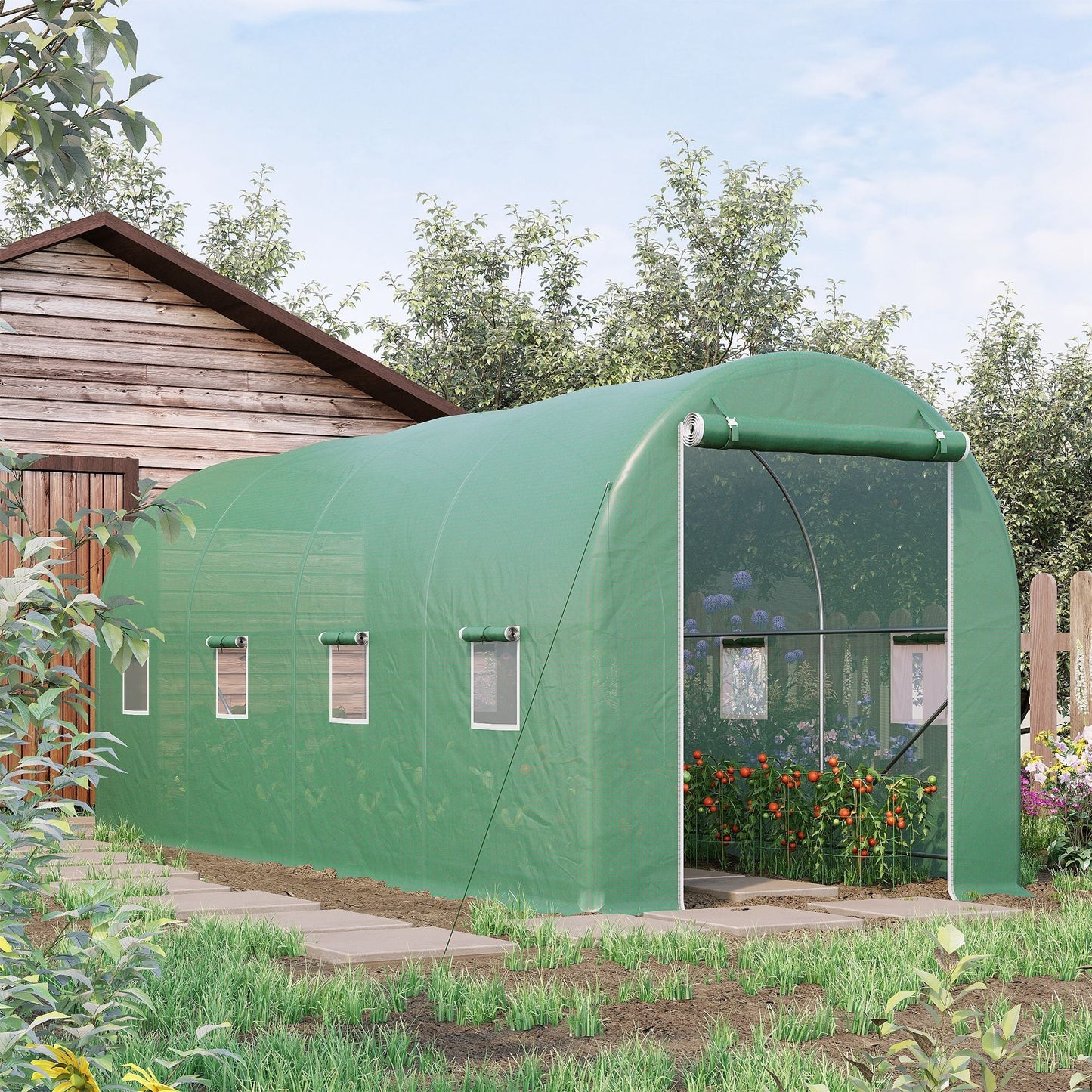 Outsunny green tunnel greenhouse 8 windows and roller shutters 500x200x210cm - Borgè