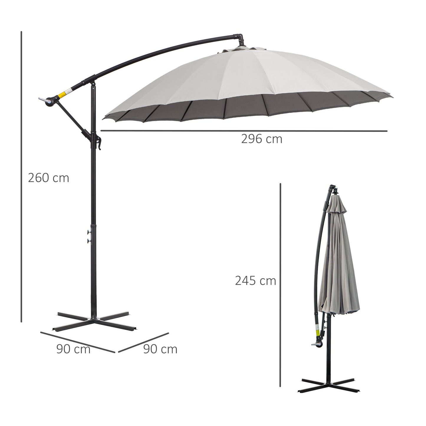 Outsunny Garden umbrella φ296cm, arm umbrella for Grey exterior with cross base - Borgè