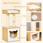 Cat Tree for cats with Scratch Pole in Sisal, washable cushions and ball, 35x35x81cm, oak - Borge' Group Limited