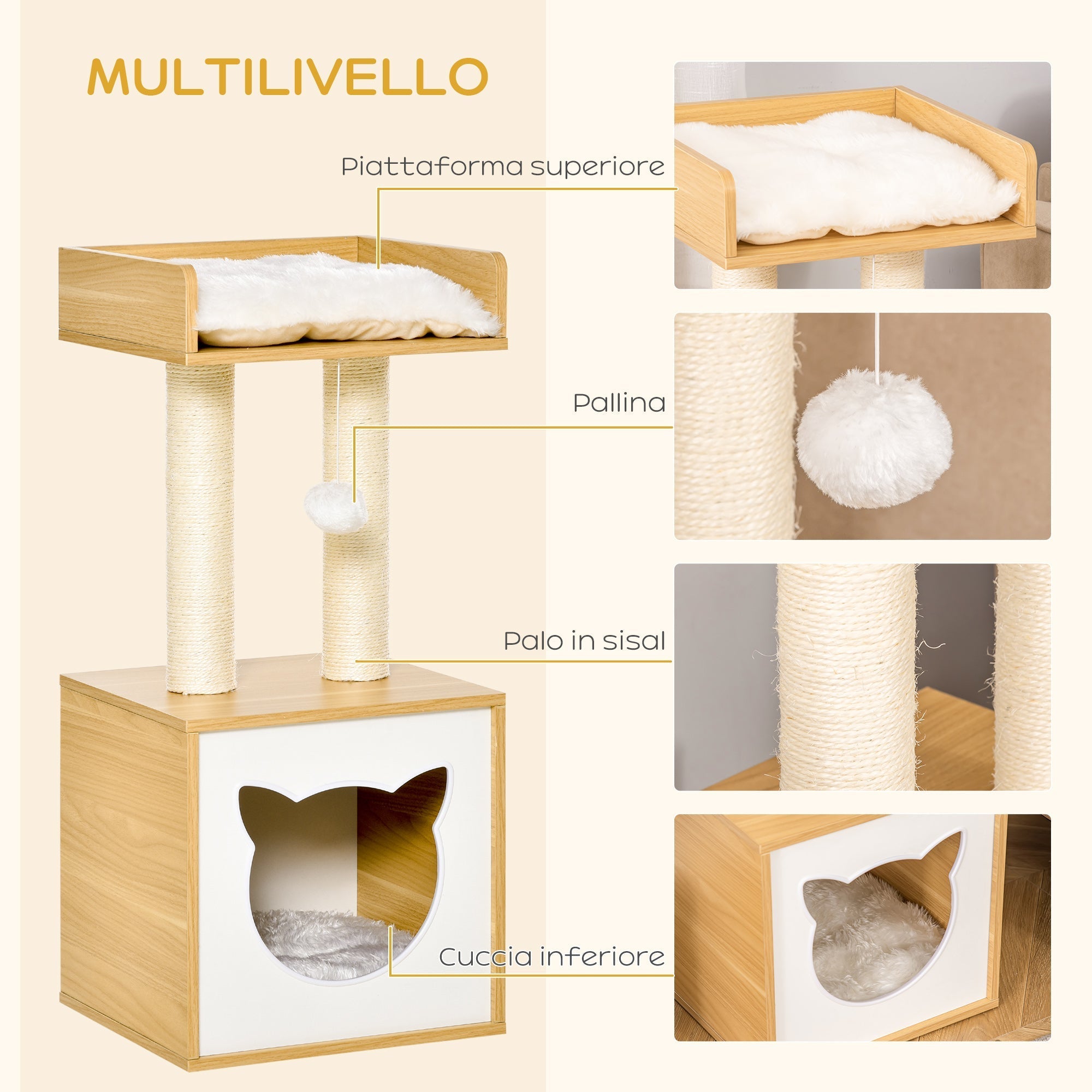 Cat Tree for cats with Scratch Pole in Sisal, washable cushions and ball, 35x35x81cm, oak - Borge' Group Limited