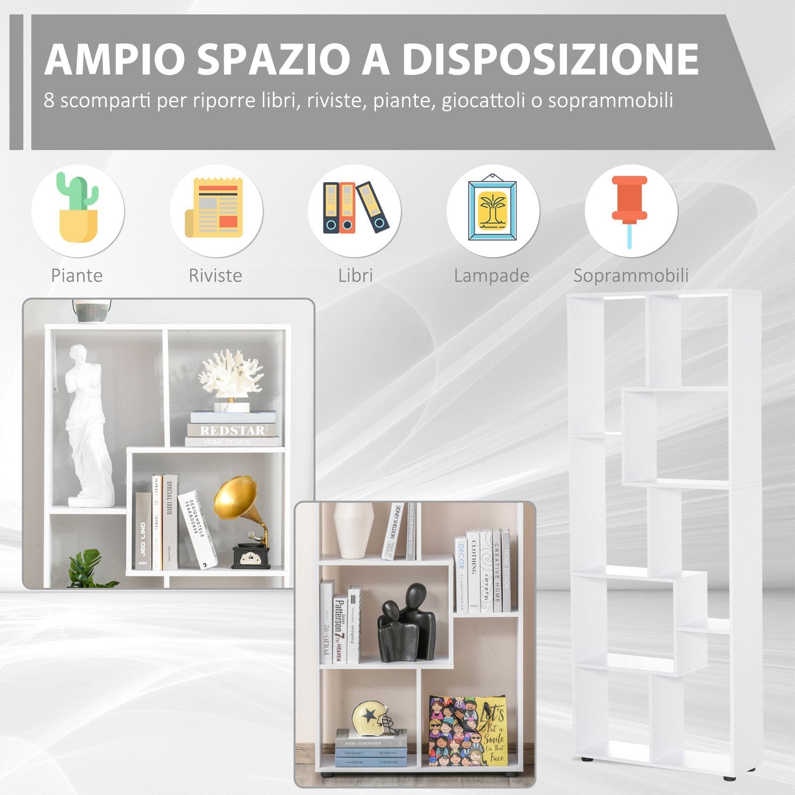 Homond bookcase Modern Design Shelf with 8 Slacel Wooden Wooden Shelves, Home Furniture and Office, 70x24x178cm White - Borgè