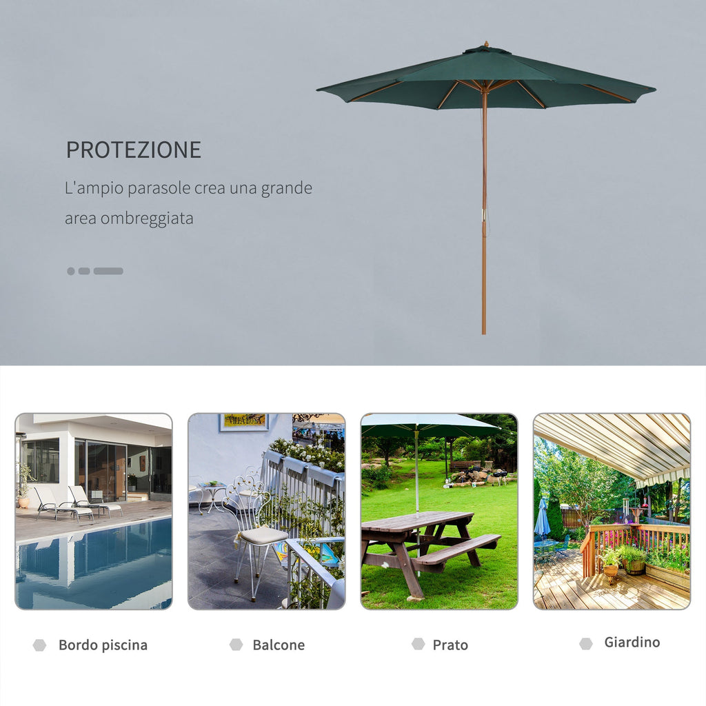 3x2.5 m Garden Umbrella with Rope Opening, 8 Ribs, in Wood and Polyester, Dark Green - Borge' Group Limited