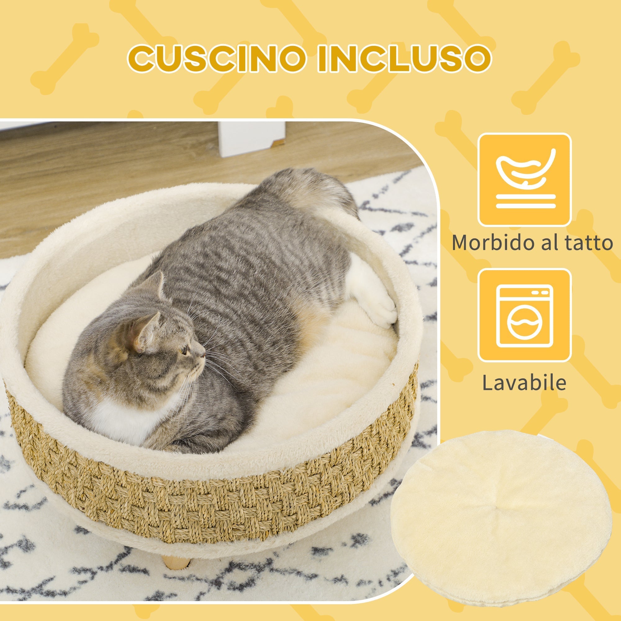 Bed for Small Dogs and Cats in Chipboard with Raised Bottom and Cushion, Ø48x24.5 cm - Borge' Group Limited