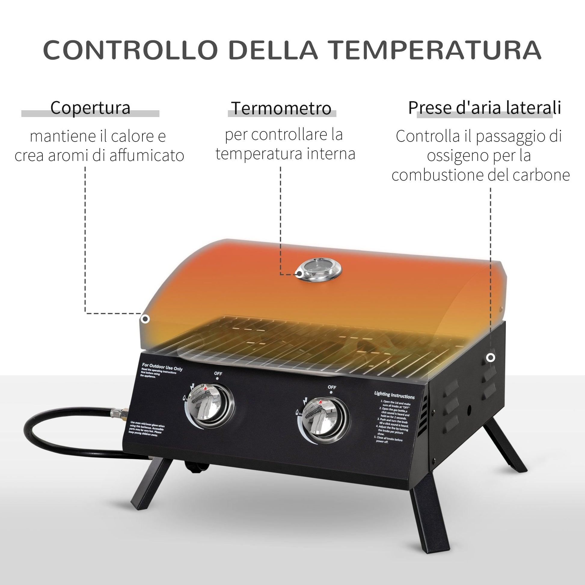 Black Folding Gas Barbecue with Lid and 2 Steel Burners - Borgè