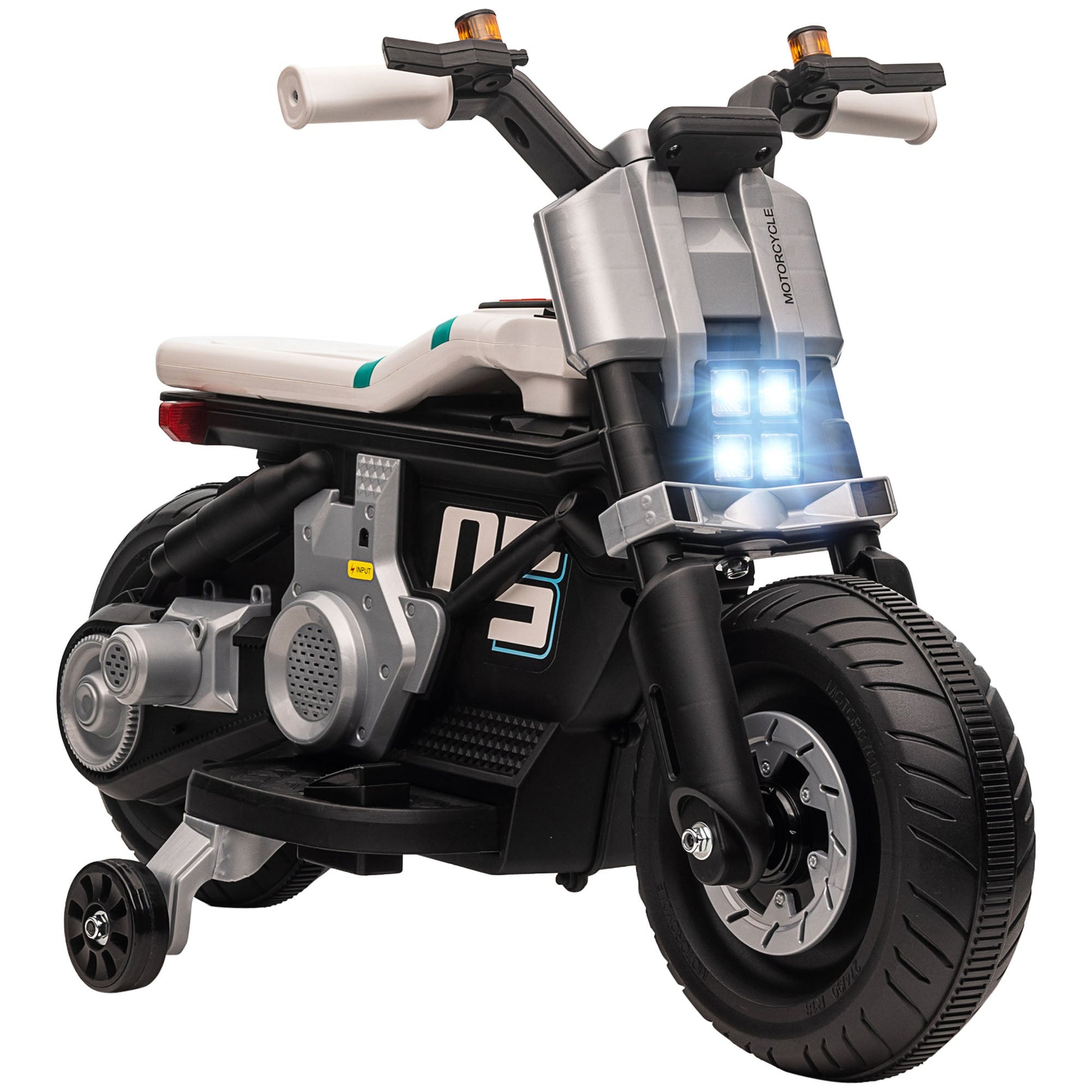 electric motorcycle for children 3-5 years in pp and metal with wheels, horn and music, 86x44x58 cm, white and black - Borgè