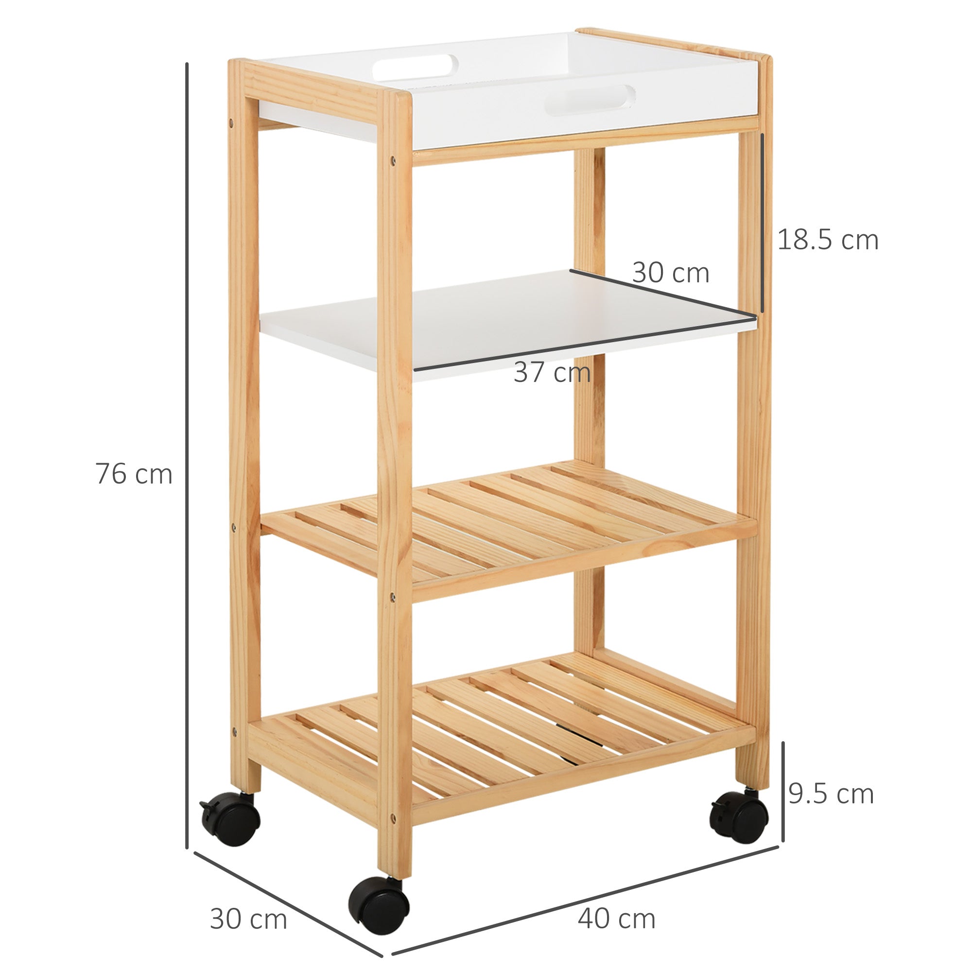 Wooden Trolley on 4 Level Kitchen Trolley in Pine wood and 4 swivel wheels | 40x30x76 cm - Borgè