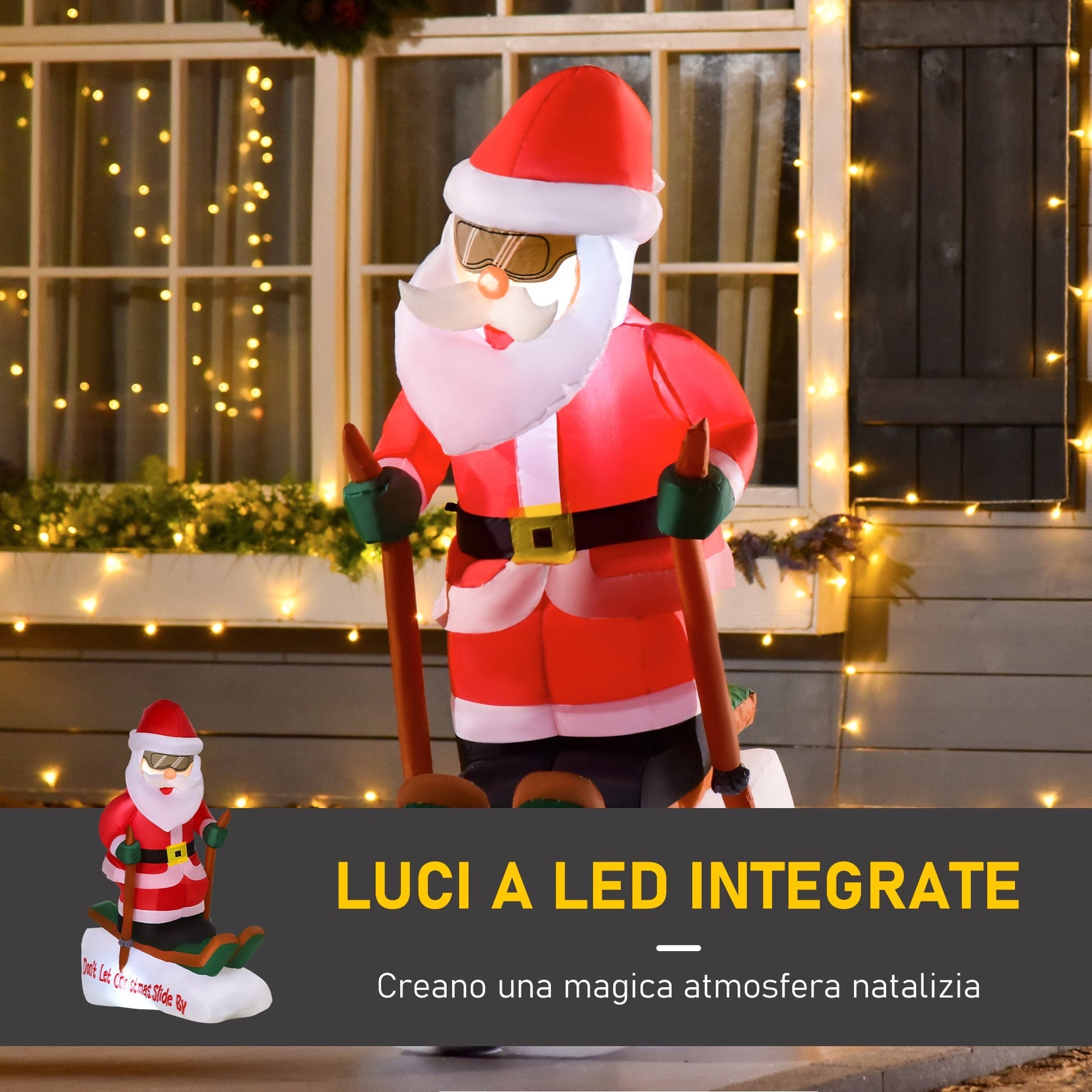 Santa Claus inflatable outdoor on skis with LED lights and swollen supplied - multicolor - Borgè