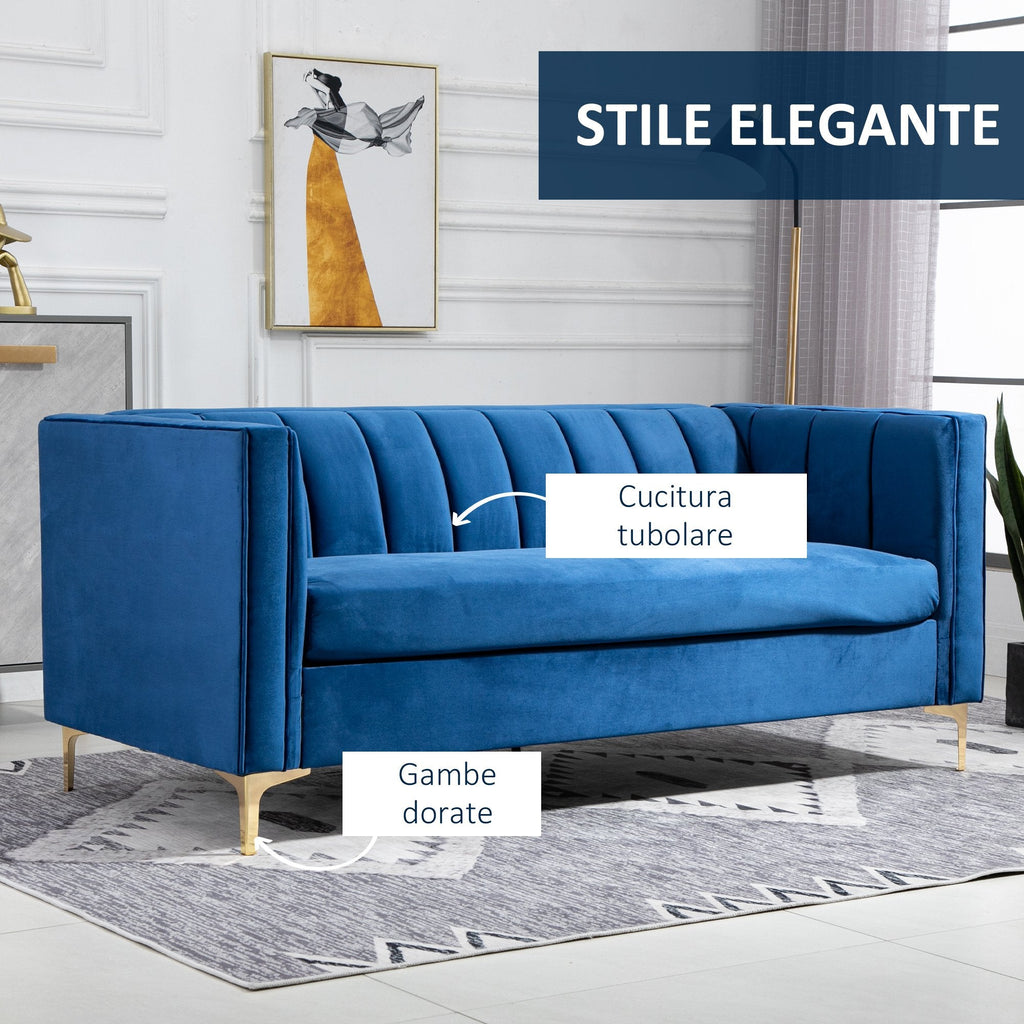 SOREA | Modern Blue Velvet 3 Seater Sofa with Golden Legs | 181x86x78cm - Borgè