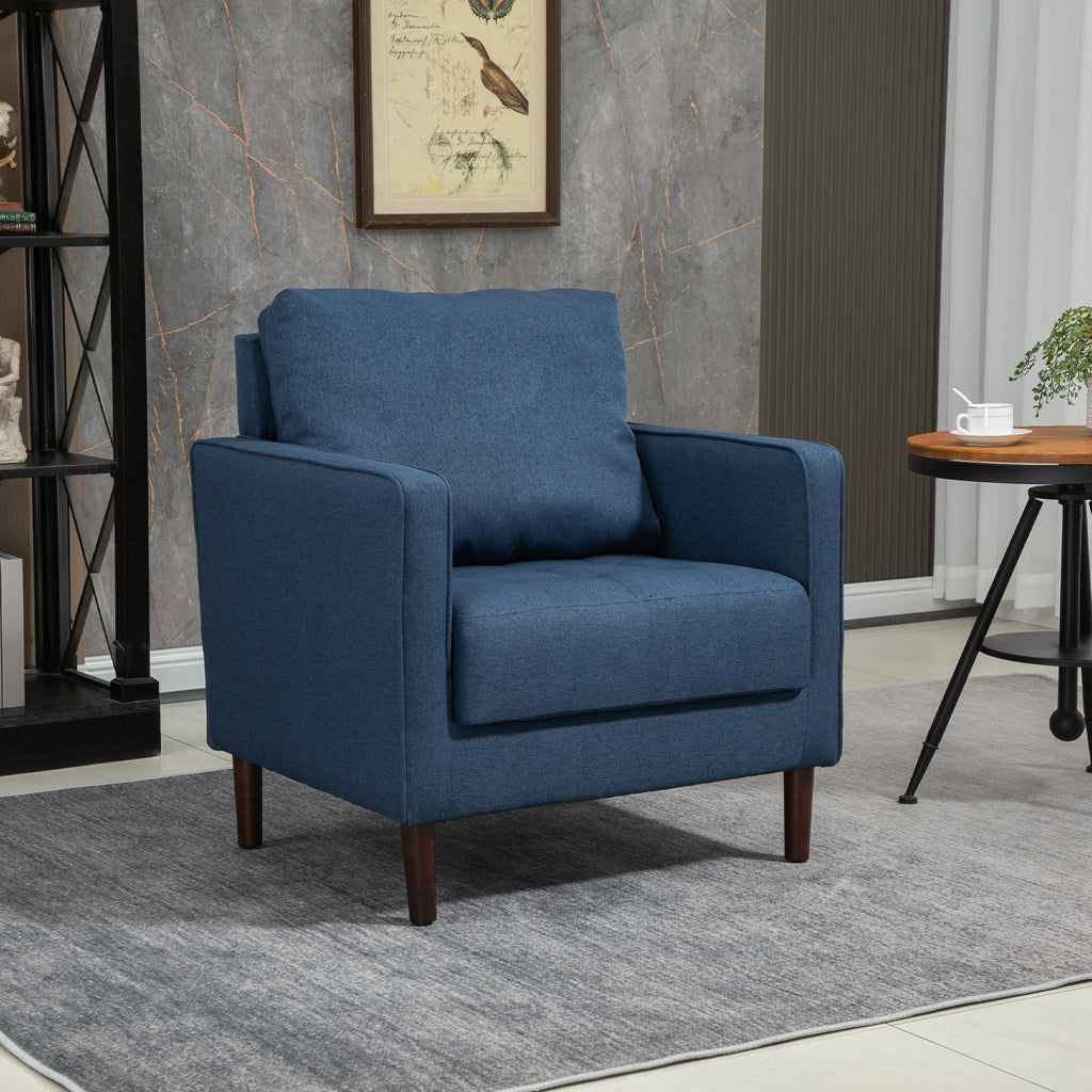 Modern armchair in linen effect fabric, wooden structure and thick padding, 76x70x87cm, blue - Borgè