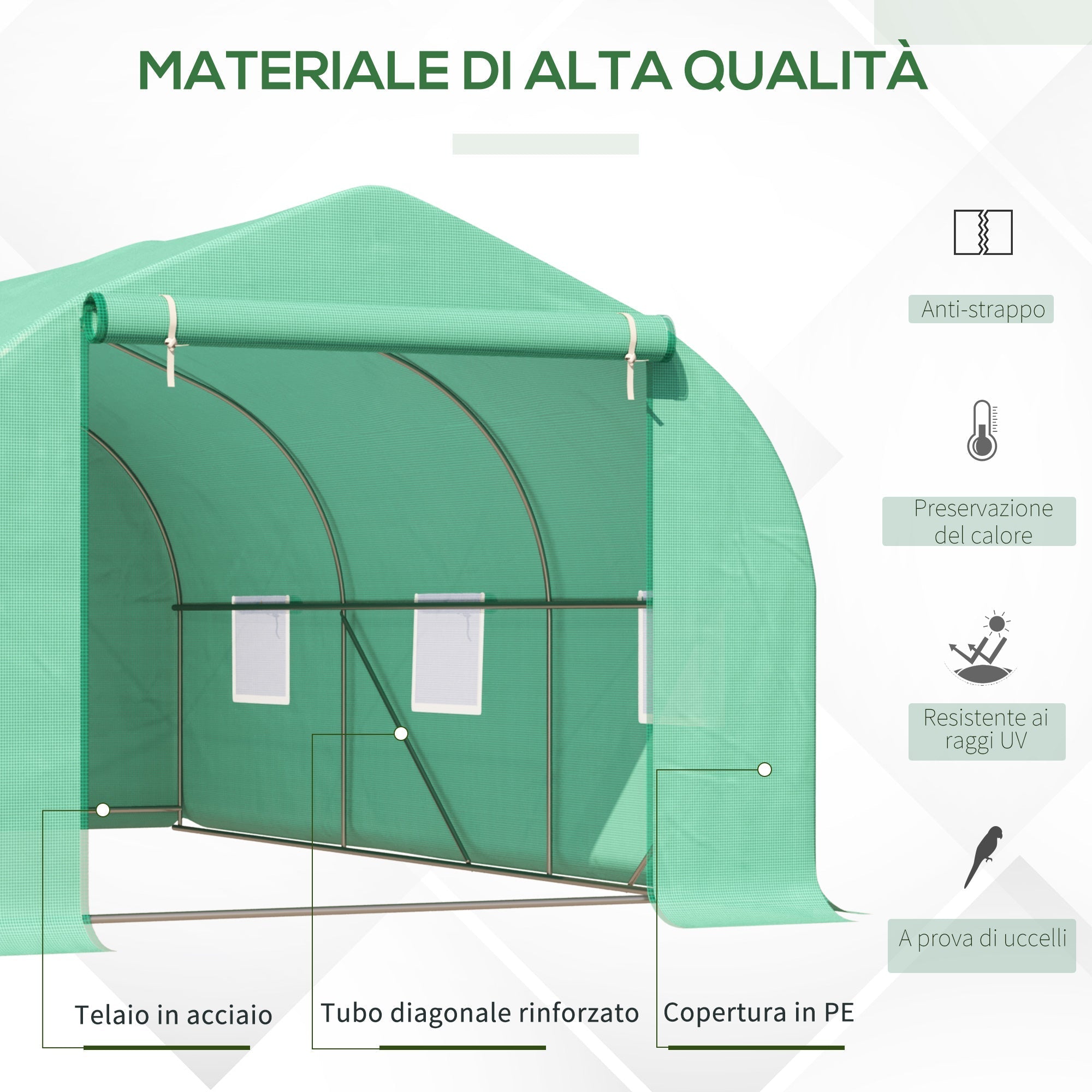 4.5x3x2m Tunnel Greenhouse for Vegetable Garden with Sloping Roof in PE and Steel Pipes Dark Green - Borge' Group Limited