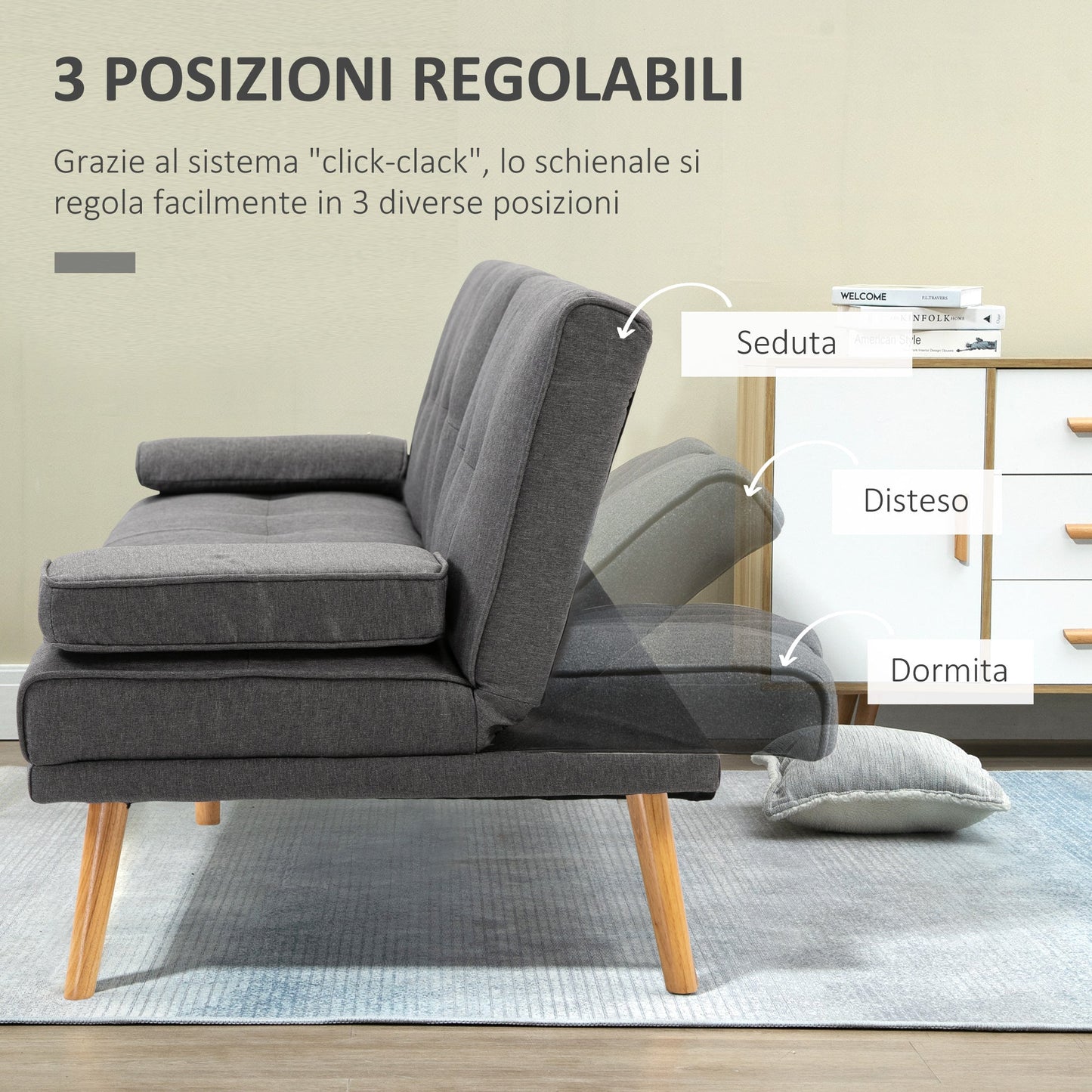 Sofa bed 3 seats reclining with 2 detachable armrests, in linen effect fabric and poplar wood, 181x77x78 cm - Borgè