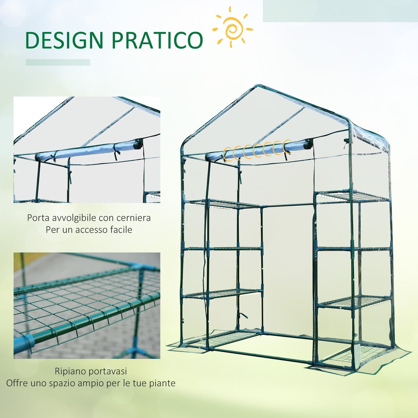 Outsunny Garden greenhouse in steel and transparent PVC with roller shit, 143x73x195 cm, green - Borgè