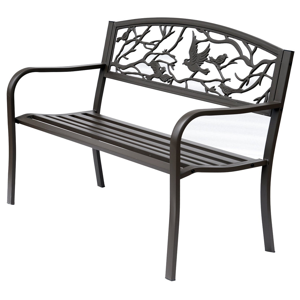Waterproof Steel and Cast Iron Outdoor Garden Bench, Backrest with Natural Pattern Decorations, 127x60cm, Brown - Borge' Group Limited