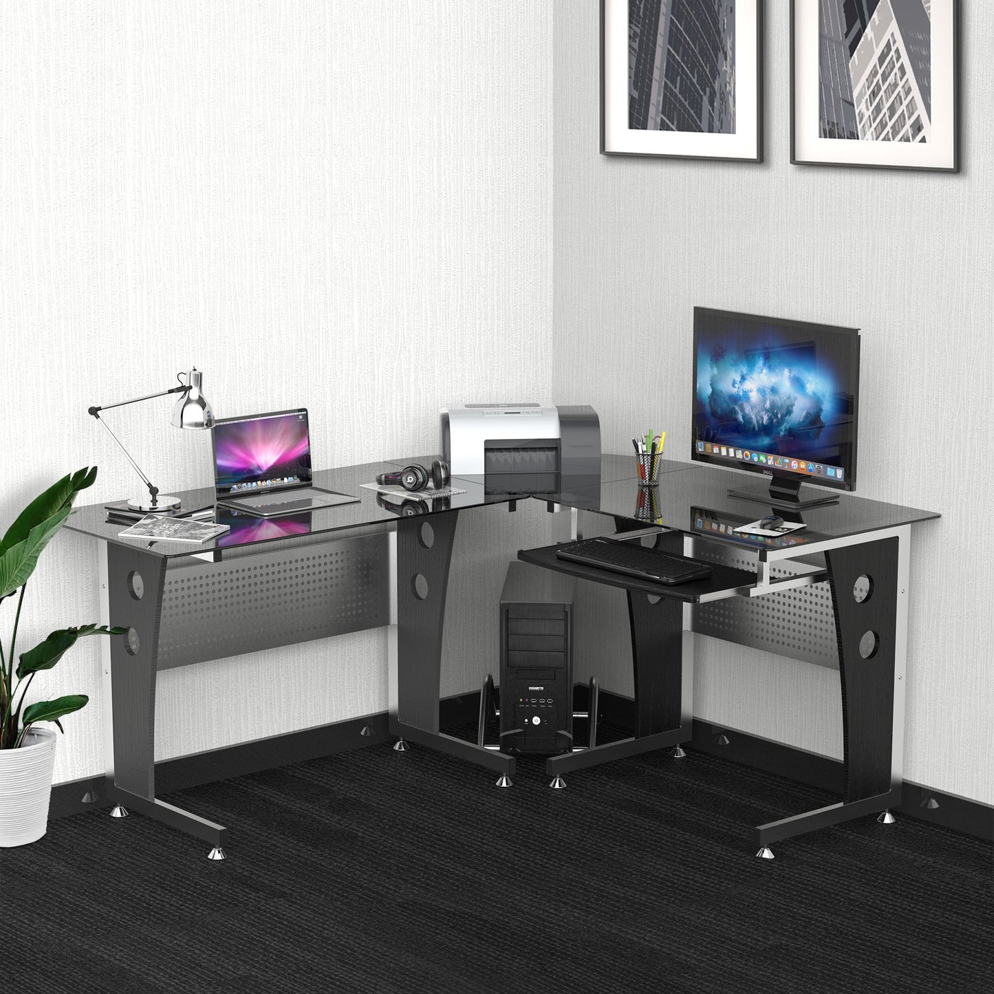 Corner Desk with Black Glass Top | 164 x 139 x 75cm - Borgè