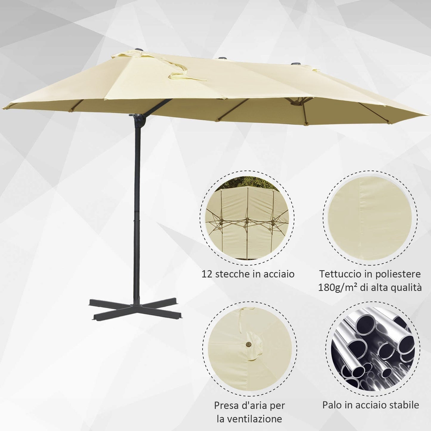 Double Umbrella in Steel and Anti-UV Polyester Waterproof 440x270x250cm - Borgè