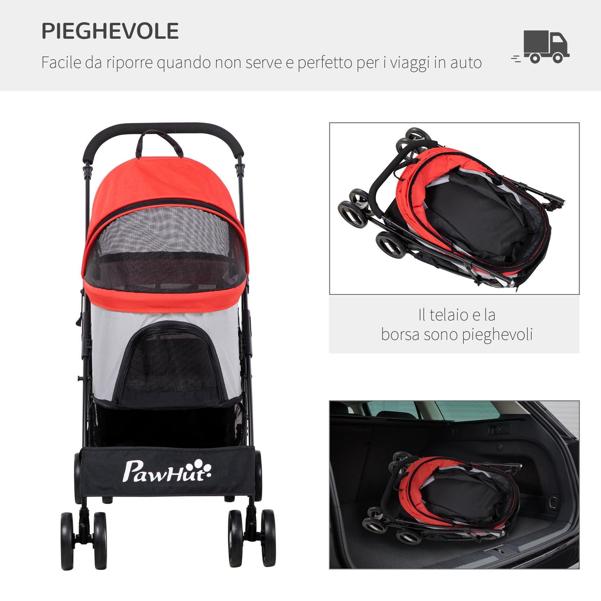 Foldable Dog Stroller with Removable Carrier and Canopy, 82x49. 5x98cm, Red - Borge' Group Limited
