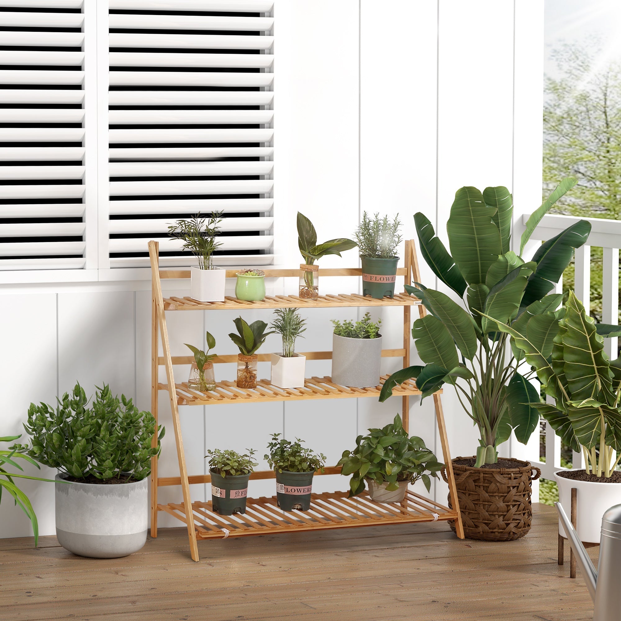 3 Tier Bamboo Outdoor Planter with Raised and Folding Design, 98x37x96.5 cm, Wood Color - Borge' Group Limited