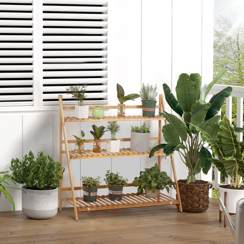 3 Tier Bamboo Outdoor Planter with Raised and Folding Design, 98x37x96.5 cm, Wood Color - Borge' Group Limited