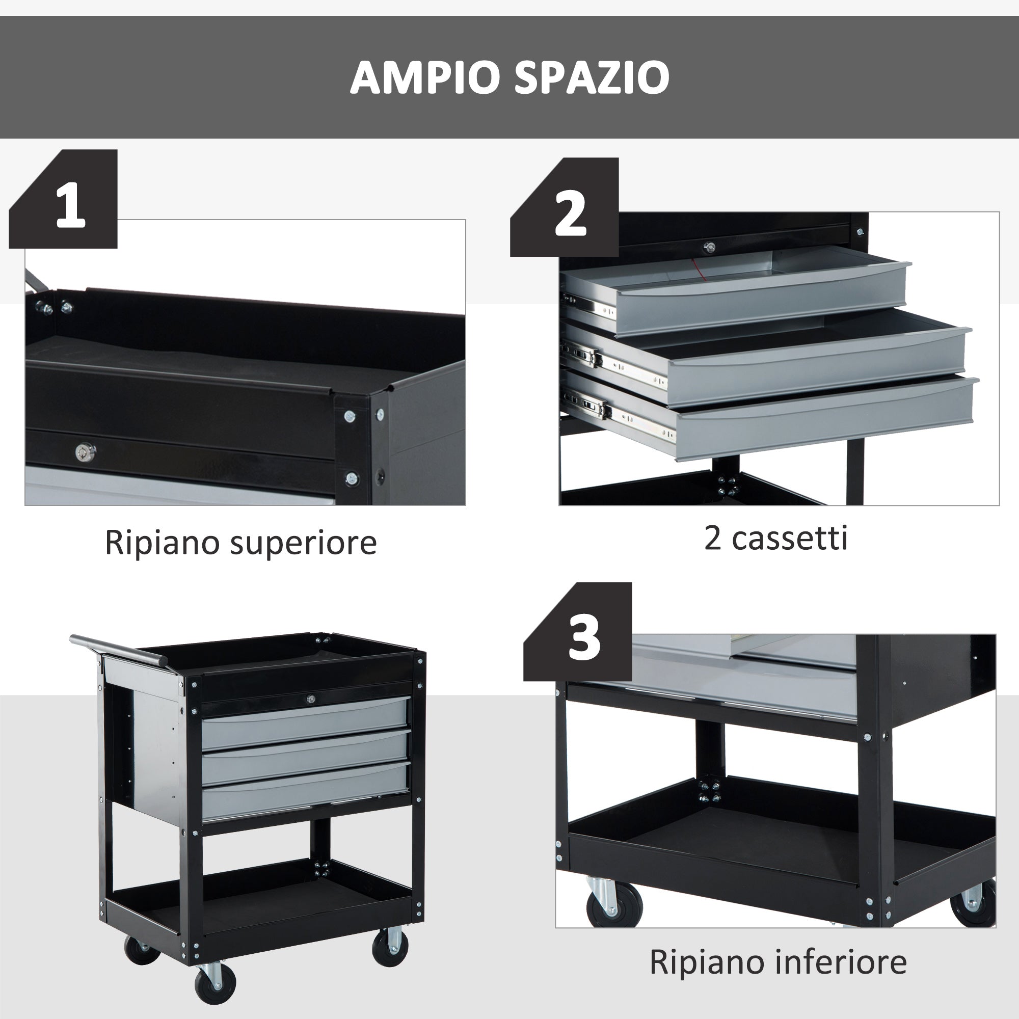 Black Professional Mechanic Garage Trolley with drawers | 68 x 46 x 88cm - Borgè