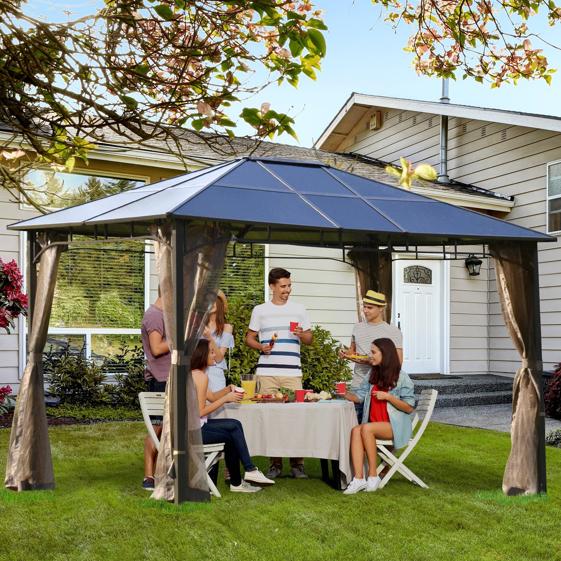 Outsunny Garden gazebo with mosquito net 3.6x3m brown polycarbonate roof - Borgè