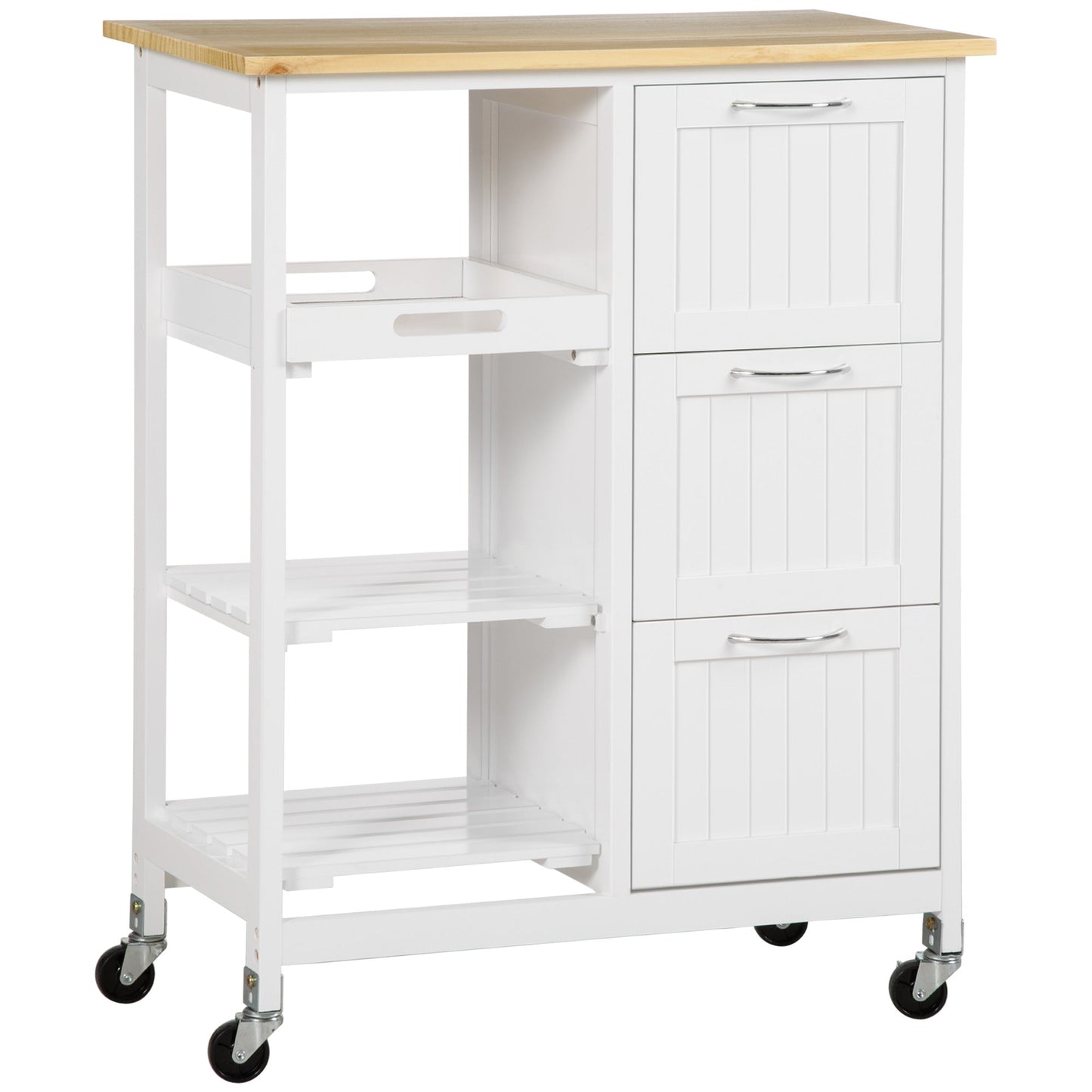 kitchen trolley with 3 drawers, 2 open shelves and removable tray, in mdf and pine wood, 67x37x84 cm - Borgè