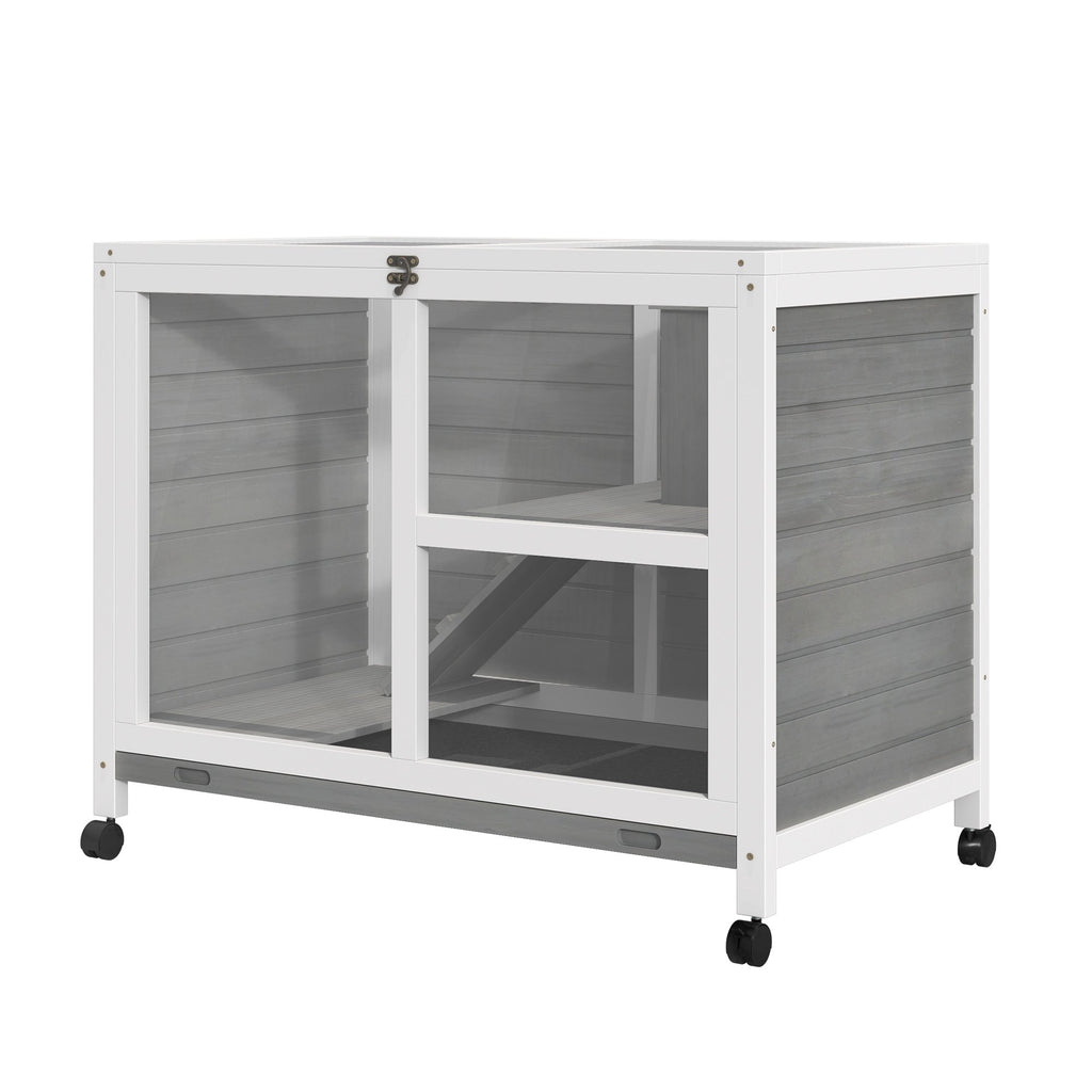 Wooden Rabbit Hutch with 2-Story House, Ramp and Pull-Out Tray, 91.5x53. 3x73cm - Borge' Group Limited