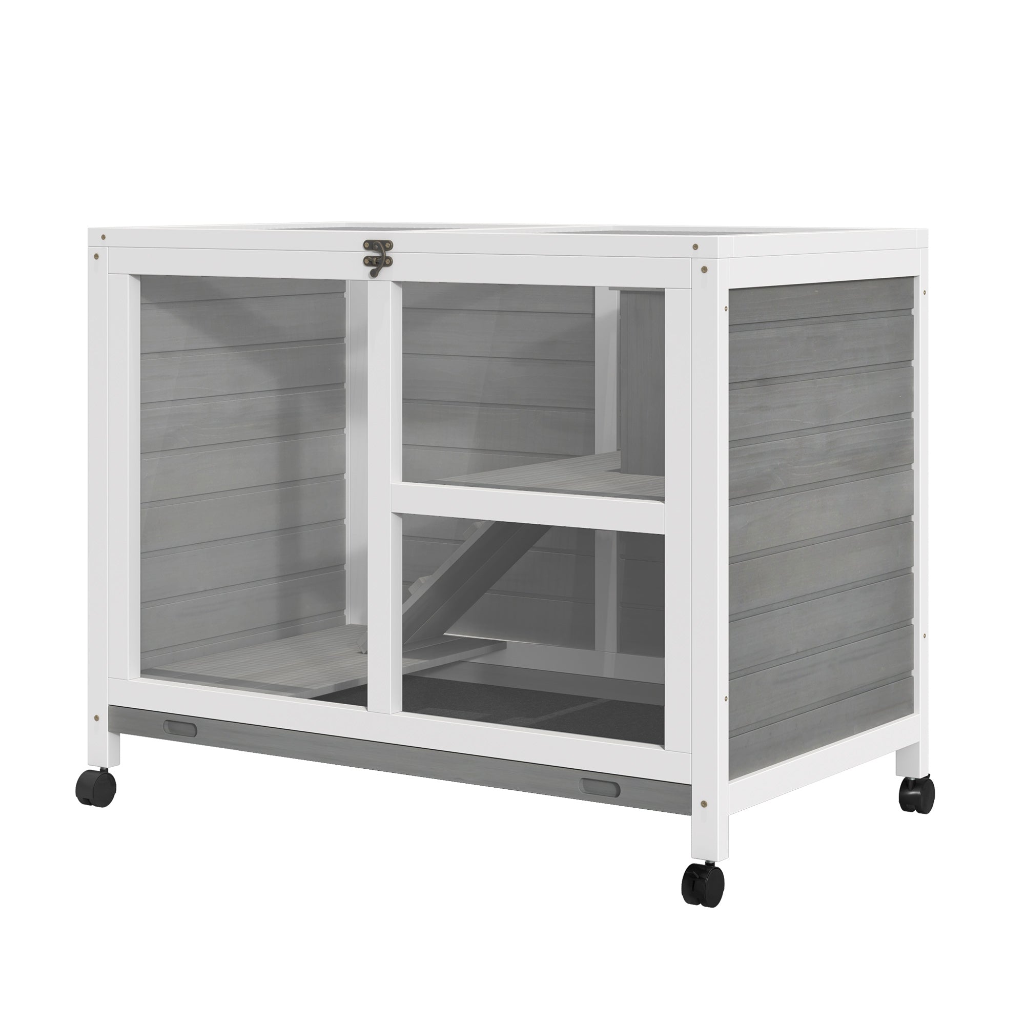 Wooden Rabbit Hutch with 2-Story House, Ramp and Pull-Out Tray, 91.5x53. 3x73cm - Borge' Group Limited